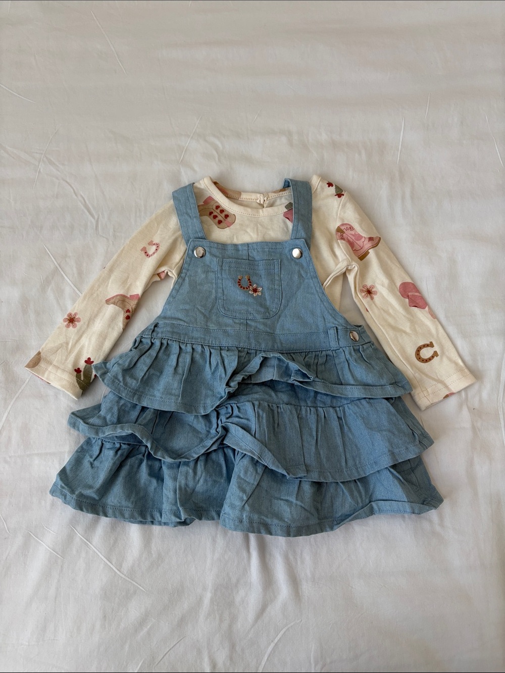 Baby Starters Light Blue Denim Ruffle Pinafore with Cream Printed Top